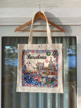 Barcelona Canvas Tote Bag - Cream with Colorful Print